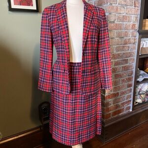 Red and Blue Plaid Blazer and Skirt Set
